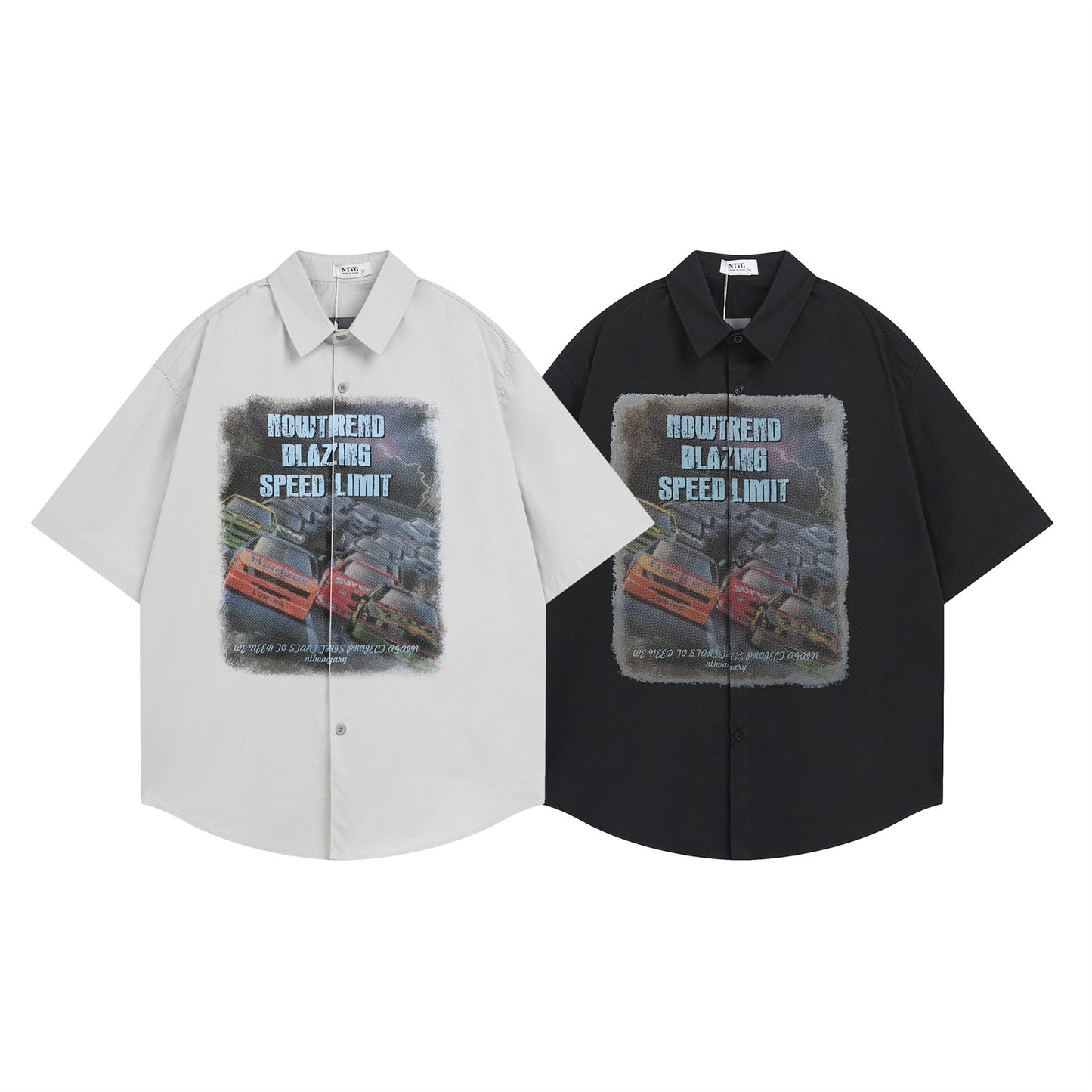 𝕃oose 𝔽it ☞𝟤𝟢𝟤𝟧 ☜美式復古汽車圖案印花百搭休閒寬鬆襯衫 ɴᴛ𝟤𝟨 (黑色)
