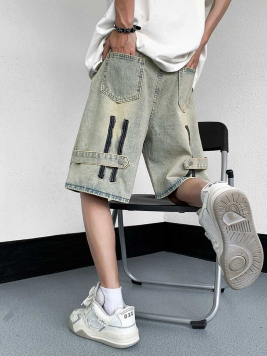 ♜ 𝔽𝕦𝕤𝕚𝕠𝕟 𝔽𝕠𝕔𝕦𝕤 𖥟 𝖏𝖊𝖆𝖓𝖘 ☞ 黄泥牛仔短褲夏季美式高街薄款直筒褲潮牌痞帥寬鬆休閒五分褲 Bs-10