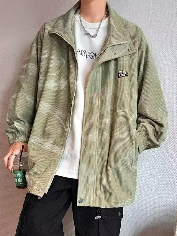 snɔoɟ uoı̣snɟ - 燈芯绒外套潮流休閒寬鬆滿印條纹印花夾克 Bc-003