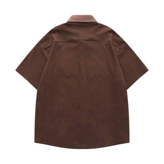 𝔼mbro 𝕊hirt𒉽美式復古趣味貓咪繡花燈芯絨短袖襯衫(棕色)