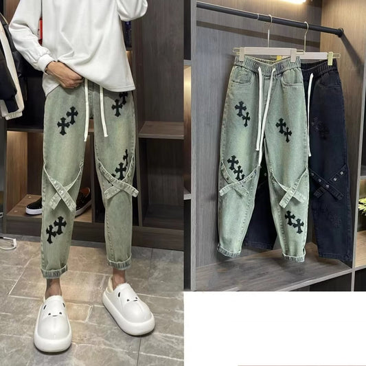 ♜ 𝔽𝕦𝕤𝕚𝕠𝕟 𝔽𝕠𝕔𝕦𝕤 𖥟 𝖏𝖊𝖆𝖓𝖘 ☞ 美式十字架牛仔褲男女春秋四季潮流寬鬆直筒高街潮牌闊腿長褲 B-01