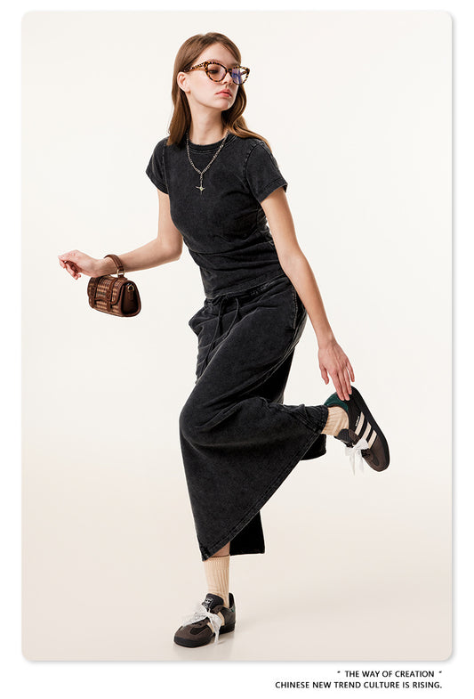 Fierce & Fitted 夏季辣妹必備INS緊身短款上衣 收腰直筒長裙套裝N-7 復古黑