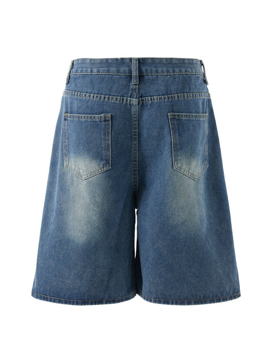 ♜ 𝔽𝕦𝕤𝕚𝕠𝕟 𝔽𝕠𝕔𝕦𝕤 𖥟 𝖏𝖊𝖆𝖓𝖘 ☞ 美式復古熱狗堡薯條牛仔短褲男女款創意通勤寬鬆闊腿直筒五分褲 Bs-14