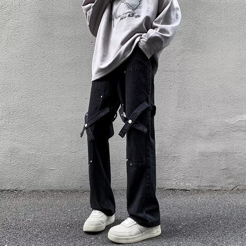 ♜ 𝔽𝕦𝕤𝕚𝕠𝕟 𝔽𝕠𝕔𝕦𝕤 𖥟 𝖏𝖊𝖆𝖓𝖘 ☞ 美式復古牛仔褲春季新款ins潮牌時尚綁帶設計感寬鬆帥氣直筒褲 D-115