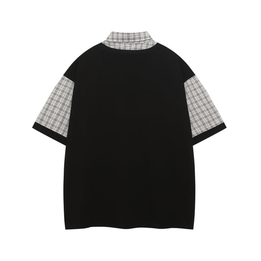 Polo Shirt𒉽美式復古印花拼接假兩件翻領POLO衫I-510