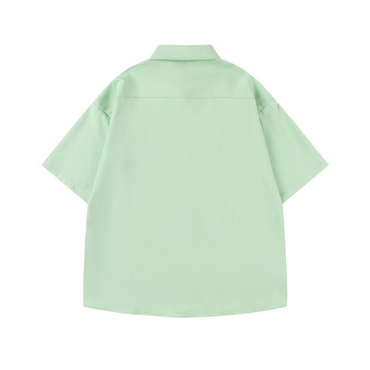 𝔼mbro 𝕊hirt𒉽美式復古逗趣圖案刺繡寬鬆百搭短袖襯衫 (綠色)