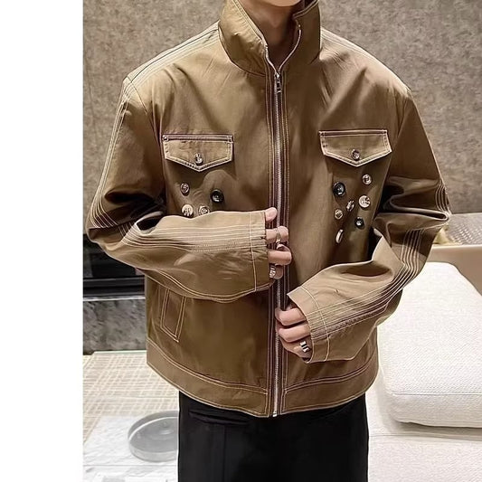 snɔoɟ uoı̣snɟ - 美式夾克男女中性風不規則設計感纽扣裝飾百搭寬鬆情侣休閒短外套 Bc-002