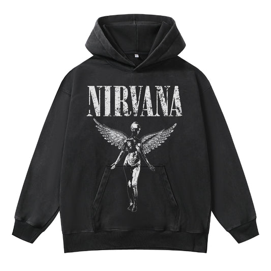 ♛𝔽𝕦𝕤𝕚𝕠𝕟 𝔽𝕠𝕔𝕦𝕤 ♛410G重磅水洗美式復古NIRVANA連帽大學T FZ-81