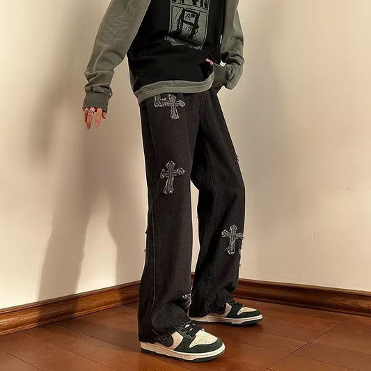 ♜ 𝔽𝕦𝕤𝕚𝕠𝕟 𝔽𝕠𝕔𝕦𝕤 𖥟 𝖏𝖊𝖆𝖓𝖘 ☞ 牛仔褲春季直筒褲美式嘻哈街頭大碼高街拖地長褲 B-07