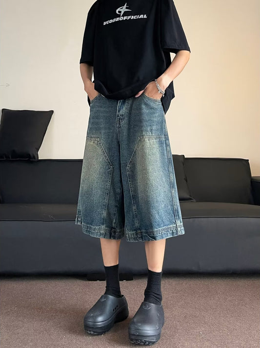 ♜ 𝔽𝕦𝕤𝕚𝕠𝕟 𝔽𝕠𝕔𝕦𝕤 𖥟 𝖏𝖊𝖆𝖓𝖘 ☞ 美式復古水洗高街牛仔短褲男女直筒闊腿做舊休閒百搭七分褲 Bs-16