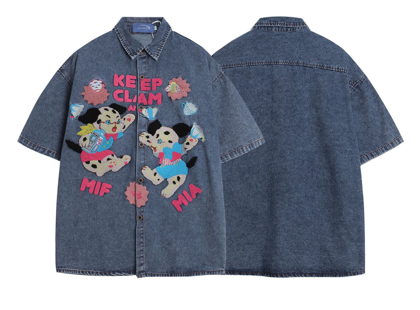 𝔼mbro 𝕊hirt𒉽美式復古水洗趣味卡通刺繡休閒牛仔寬鬆襯衫外套 I-19