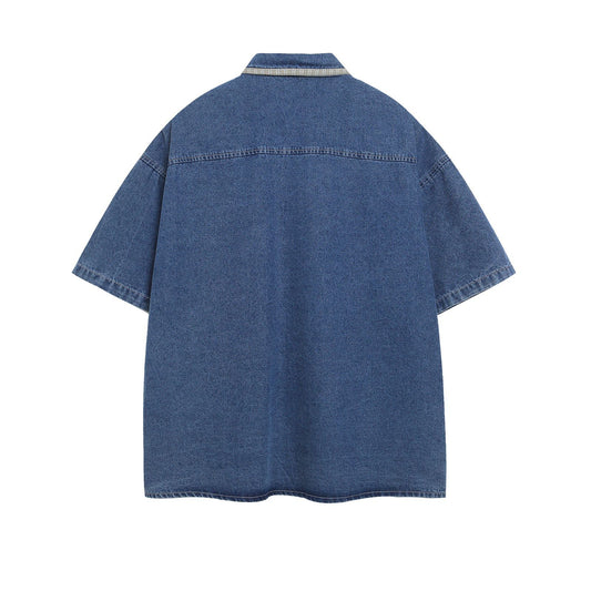 𝔼mbro 𝕊hirt𒉽美式復古經典小花圖刺繡牛仔寬鬆短袖襯衫外套