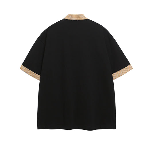 Polo Shirt𒉽美式復古印花拼接假兩件翻領POLO衫I-37