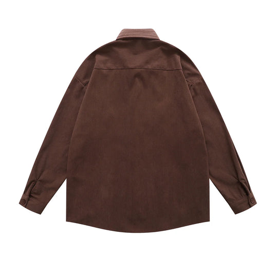 𝔼mbro 𝕊hirt𒉽日式復古刺繡設計感燈芯絨寬鬆襯衫外套(棕色)