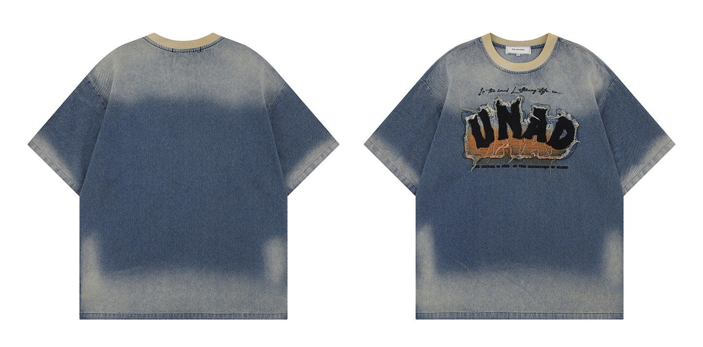 𝕃oose 𝔽it ☞𝟤𝟢𝟤𝟧 ☜美式復古牛仔做舊字母刺繡風格男女中性 T-Shirt寬版上衣 TH533