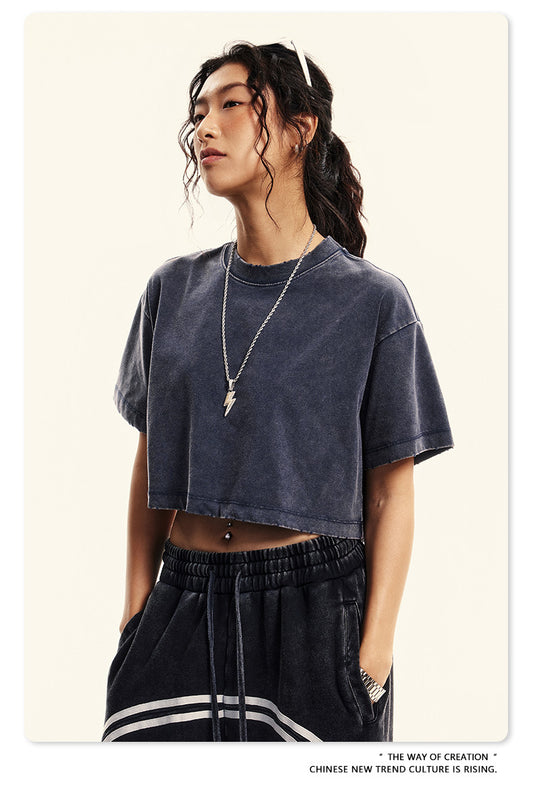 Fierce & Fitted 夏季美式復古做舊辣妹短款T袖N-6 水洗寶藍