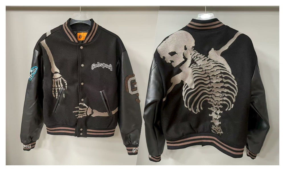 snɔoɟ uoı̣snɟ - 2025SS美式潮牌秋冬新款刺繡骷顱頭夾克棒球服男女同款 SMN-339