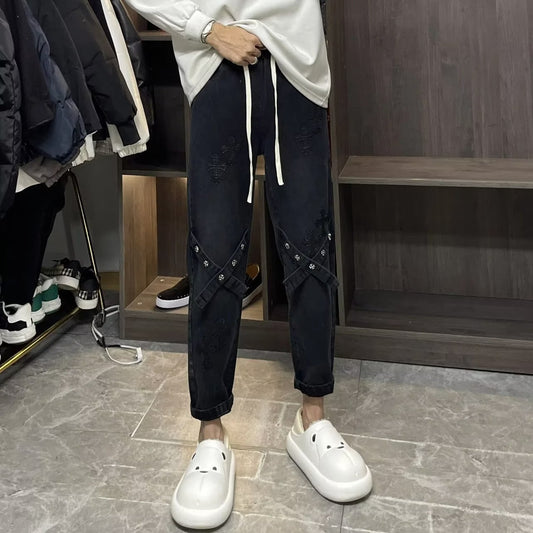 ♜ 𝔽𝕦𝕤𝕚𝕠𝕟 𝔽𝕠𝕔𝕦𝕤 𖥟 𝖏𝖊𝖆𝖓𝖘 ☞ 美式十字架牛仔褲男女春秋四季潮流寬鬆直筒高街潮牌闊腿長褲 B-01