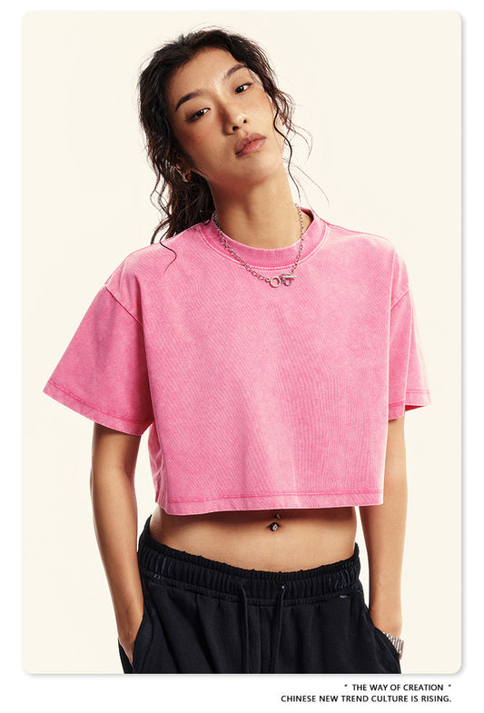 Fierce & Fitted 夏季美式復古做舊辣妹短款T袖N-7 水洗玫紅