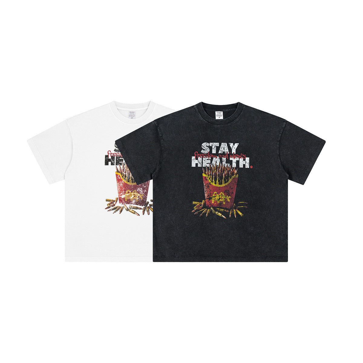 ▶𝔽𝕦𝕤𝕚𝕠𝕟 𝔽𝕠𝕔𝕦𝕤 ⌘𝓦𝓪𝓼𝓱𝓮𝓭 𝔀𝓲𝓷𝓭 ◀ 2025夏季歐美潮牌復古寬鬆上衣薯條印花惡搞短袖(白) TZ-08