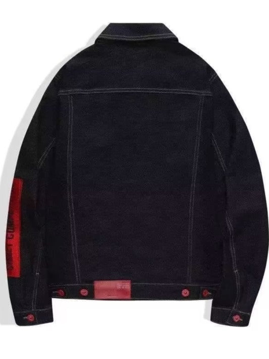 snɔoɟ uoı̣snɟ - 復古織帶牛仔夾克男女潮牌街頭寬鬆休閒百搭情侣外套 Bc-001