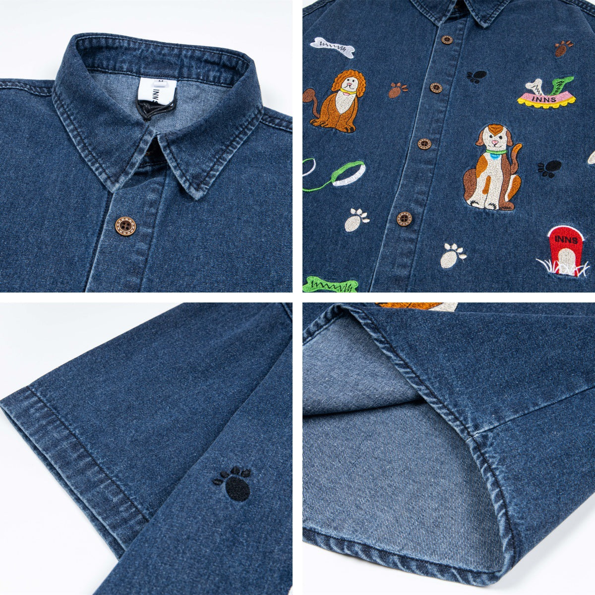 𝔼mbro 𝕊hirt𒉽美式復古趣味狗狗繡花牛仔寬鬆短袖襯衫外套