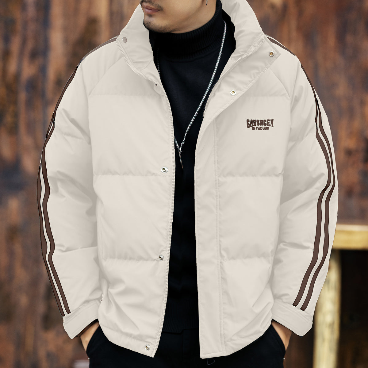 snɔoɟ uoı̣snɟ - 格藍鹿字母刺繡條纹黑色羽绒服秋冬加厚保暖鴨绒休閒外套 FG-352