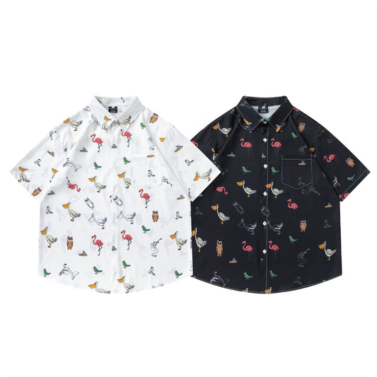 𝕃oose 𝔽it ☞𝟤𝟢𝟤𝟧 ☜日式復古可愛小鳥滿版印花百搭休閒寬鬆襯衫 RF179