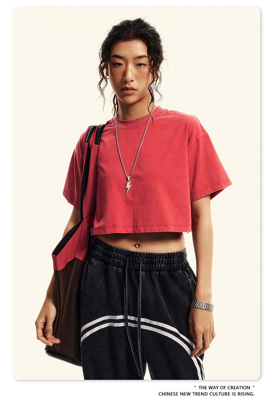 Fierce & Fitted 夏季美式復古做舊辣妹短款T袖N-6 水洗紅