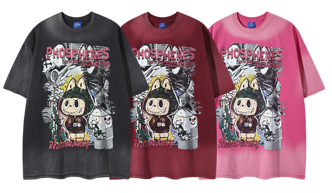 𝕃oose 𝔽it ☞𝟤𝟢𝟤𝟧 ☜美式復古渲染系列噴繪印花男女中性 T-Shirt寬版上衣R-6