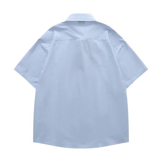 𝔼mbro 𝕊hirt𒉽趣味貓咪繡花袖襯衫(藍色)