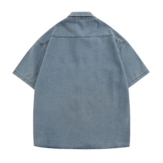 𝔼mbro 𝕊hirt𒉽美式復古夏日椰子風刺繡牛仔寬鬆短袖襯衫外套