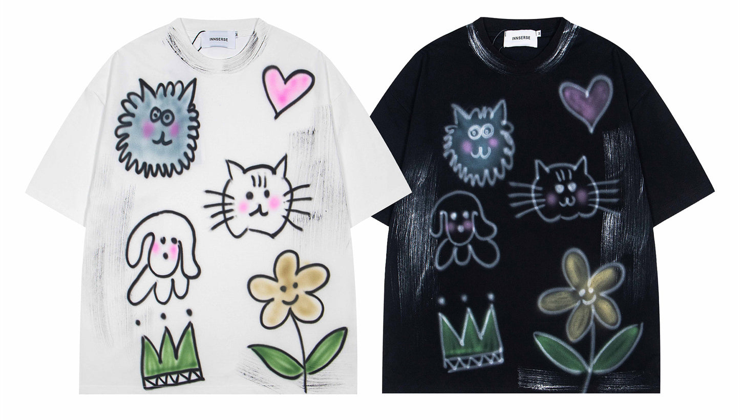 𝕃oose 𝔽it ☞𝟤𝟢𝟤𝟧 ☜美式復古卡通印花圓領男女中性 T-Shirt寬版上衣IN-3