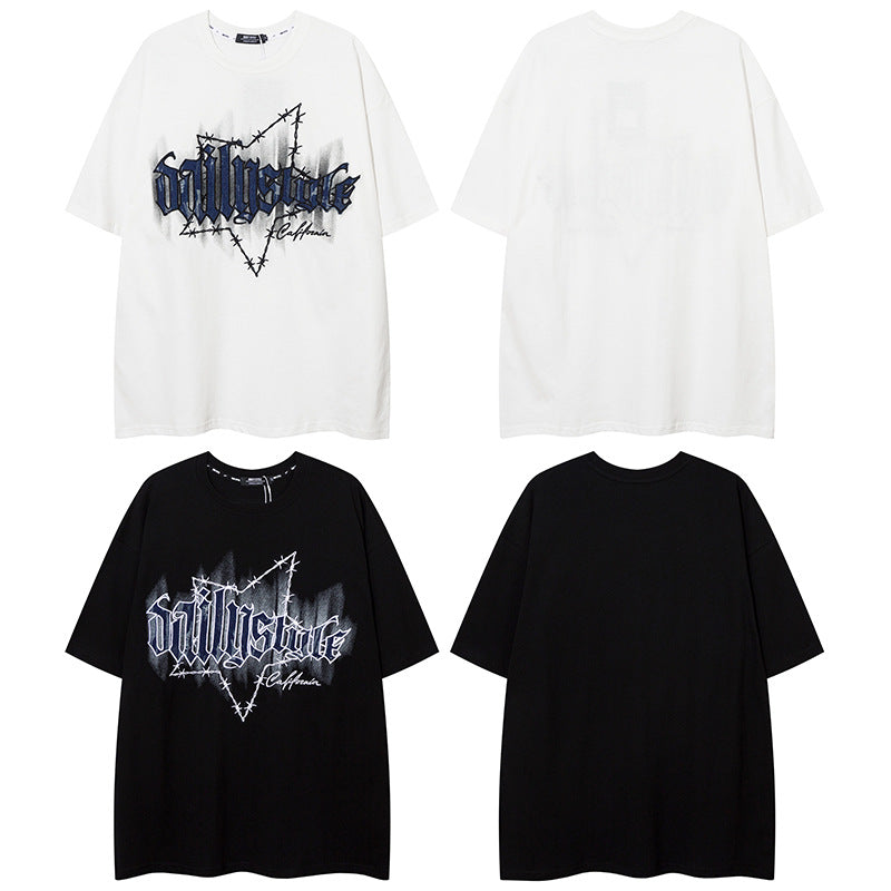 𝕃oose 𝔽it ☞𝟤𝟢𝟤𝟧 ☜美式復古星星荊棘圓領男女中性 T-Shirt寬版上衣 D-X240