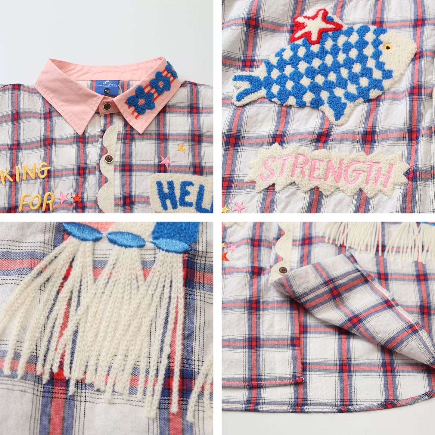 𝔼mbro 𝕊hirt𒉽2025秋冬復古小魚圖案寬鬆襯衫C-811