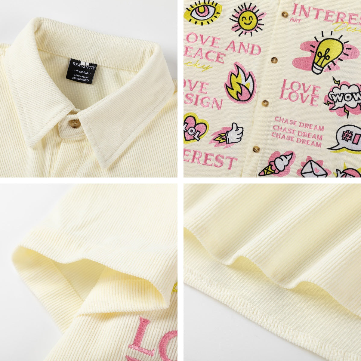 𝔼mbro 𝕊hirt𒉽美式復古趣味圖案燈芯絨短袖寬鬆襯衫 R-083