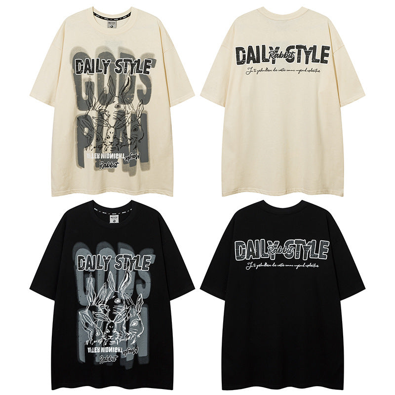 𝕃oose 𝔽it ☞𝟤𝟢𝟤𝟧 ☜美式復古設計感潮流兔圖案男女中性T-Shirt上衣 DA04