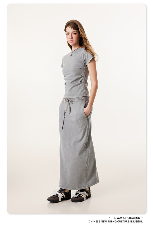 Fierce & Fitted 夏季辣妹必備INS緊身短款上衣 收腰直筒長裙套裝N-7 淺灰色