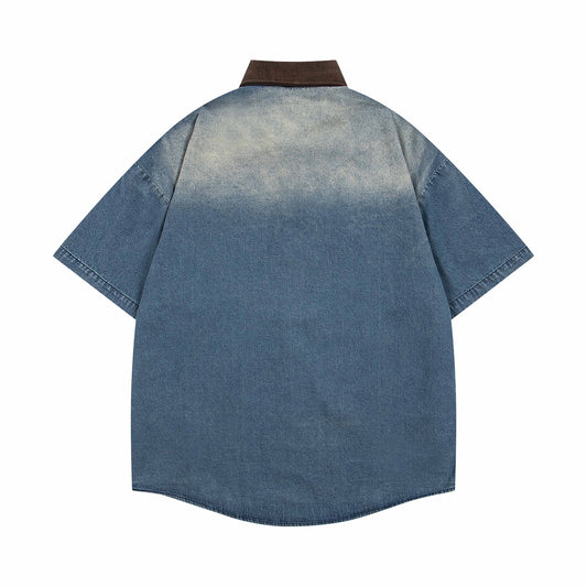 𝔼mbro 𝕊hirt𒉽美式復古水洗拼接花朵貼布繡牛仔寬鬆襯衫外套 M-61