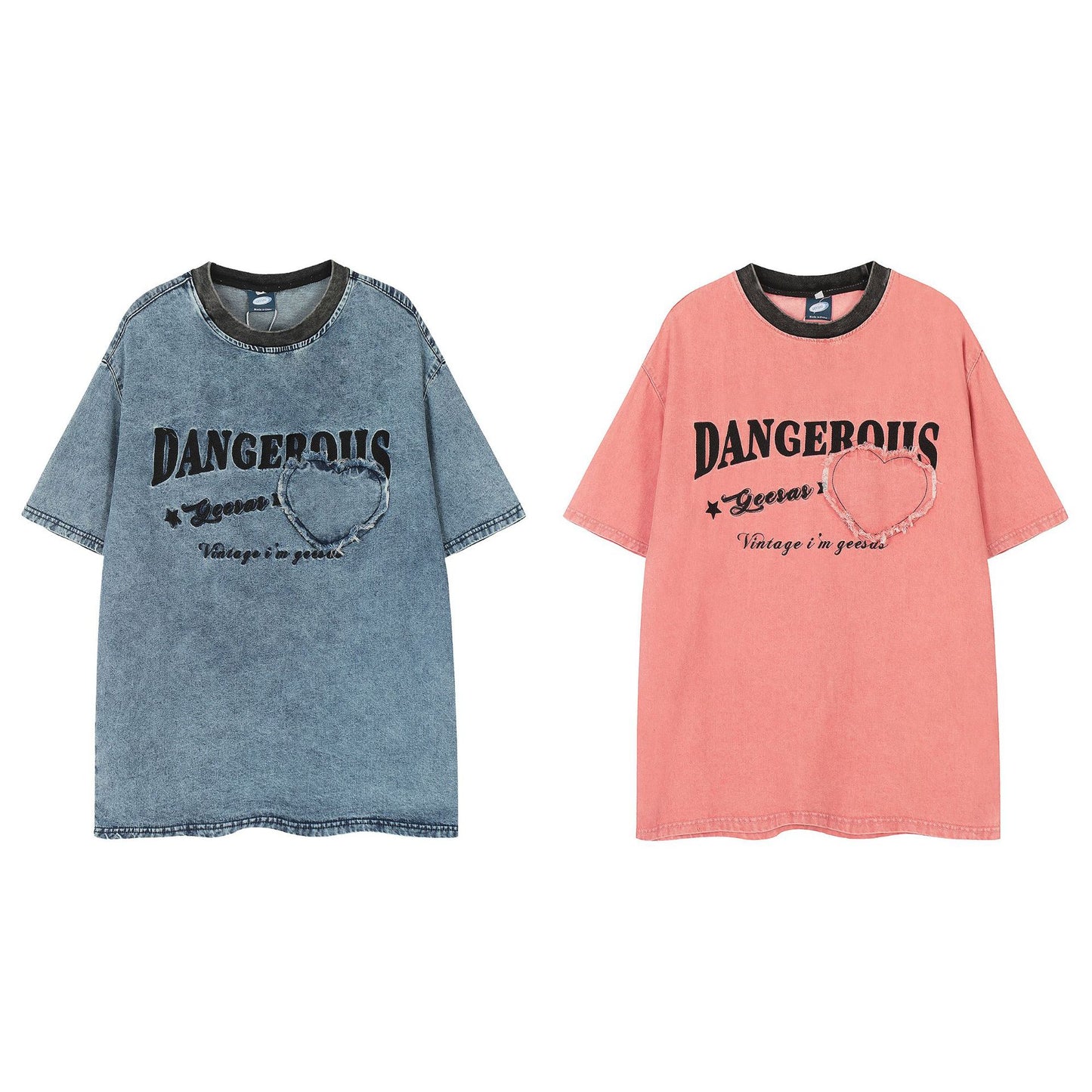 𝕃oose 𝔽it ☞𝟤𝟢𝟤𝟧 ☜美式做舊水洗貼布字母設計圓領男女中性 T-Shirt寬版上衣 G-707