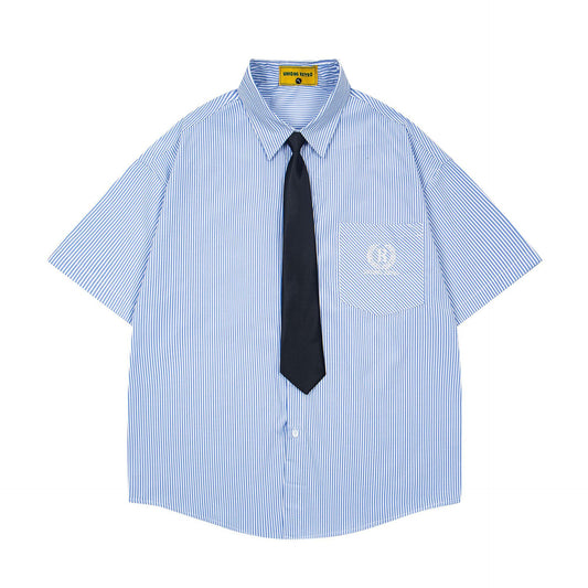 𝕃oose 𝔽it 領帶系列日式復古條紋學院風休閒短袖襯衫 CZ-13