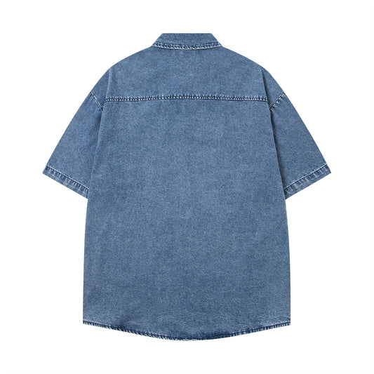 𝔼mbro 𝕊hirt𒉽美式復古水洗卡通刺繡短袖牛仔寬鬆襯衫外套 IN-6