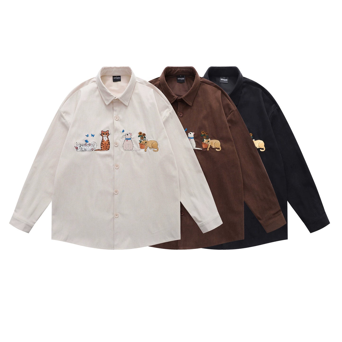 𝔼mbro 𝕊hirt𒉽日式可愛貓咪刺繡設計感燈芯絨寬鬆襯衫外套(黑色)