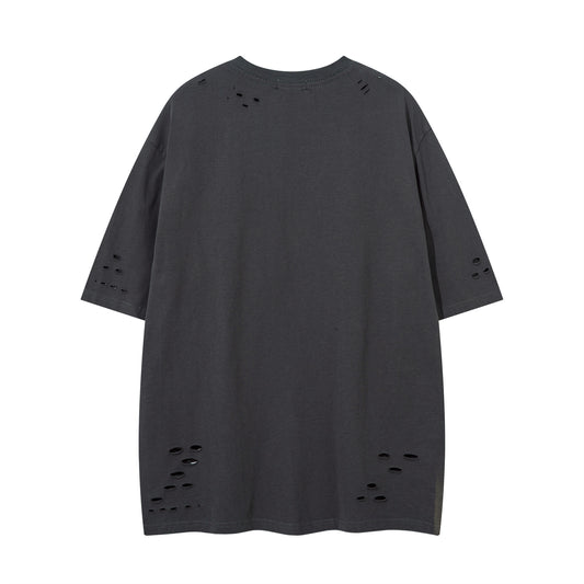 𝕃oose 𝔽it ☞𝟤𝟢𝟤𝟧 ☜美式水洗破洞字母刺繡圓領男女中性 T-Shirt寬版上衣JK-8