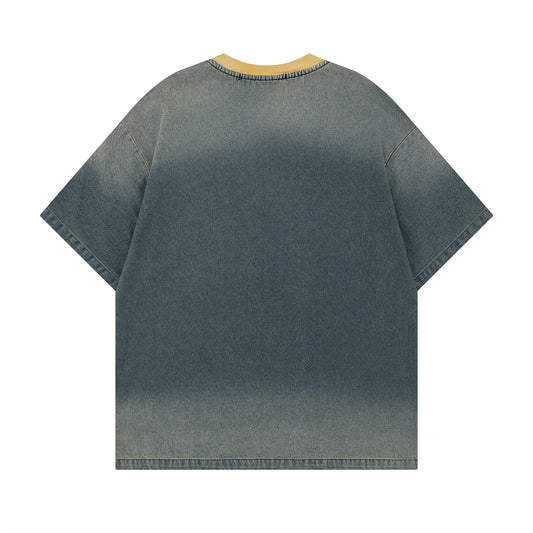 𝕃oose 𝔽it ☞𝟤𝟢𝟤𝟧 ☜美式復古牛仔做舊1890刺繡風格男女中性 T-Shirt寬版上衣 TH508