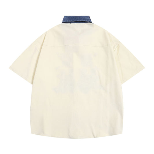 𝔼mbro 𝕊hirt𒉽美式復古水洗圖案刺繡短袖百搭休閒襯衫 3M-2