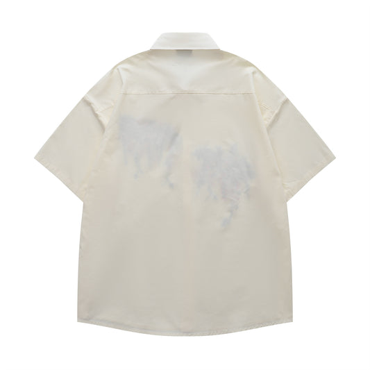 𝔼mbro 𝕊hirt𒉽日式復古花卉刺繡短袖百搭休閒襯衫 (米黃色)