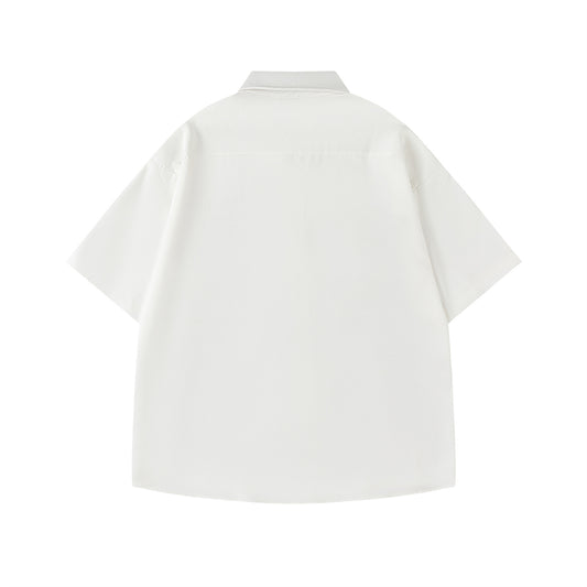 𝔼mbro 𝕊hirt𒉽美式復古逗趣圖案刺繡寬鬆百搭短袖襯衫 (白色)