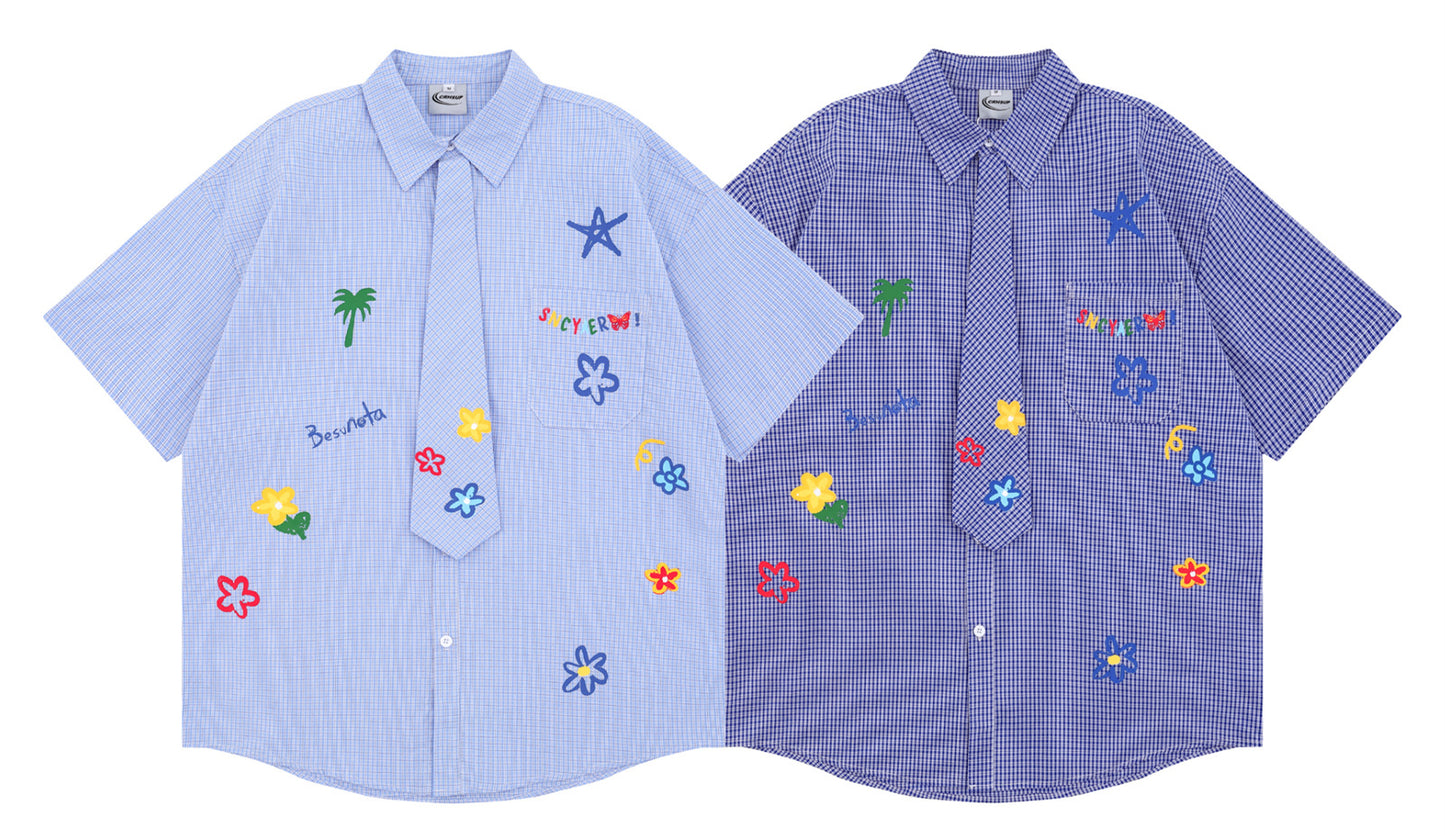 𝕃oose 𝔽it ☞𝟤𝟢𝟤𝟧 ☜領帶系列塗鴉小鴨格子寬鬆襯衫A-300