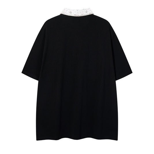 Polo Shirt𒉽美式復古貓咪印花翻領半拉鍊POLO衫 DA-7